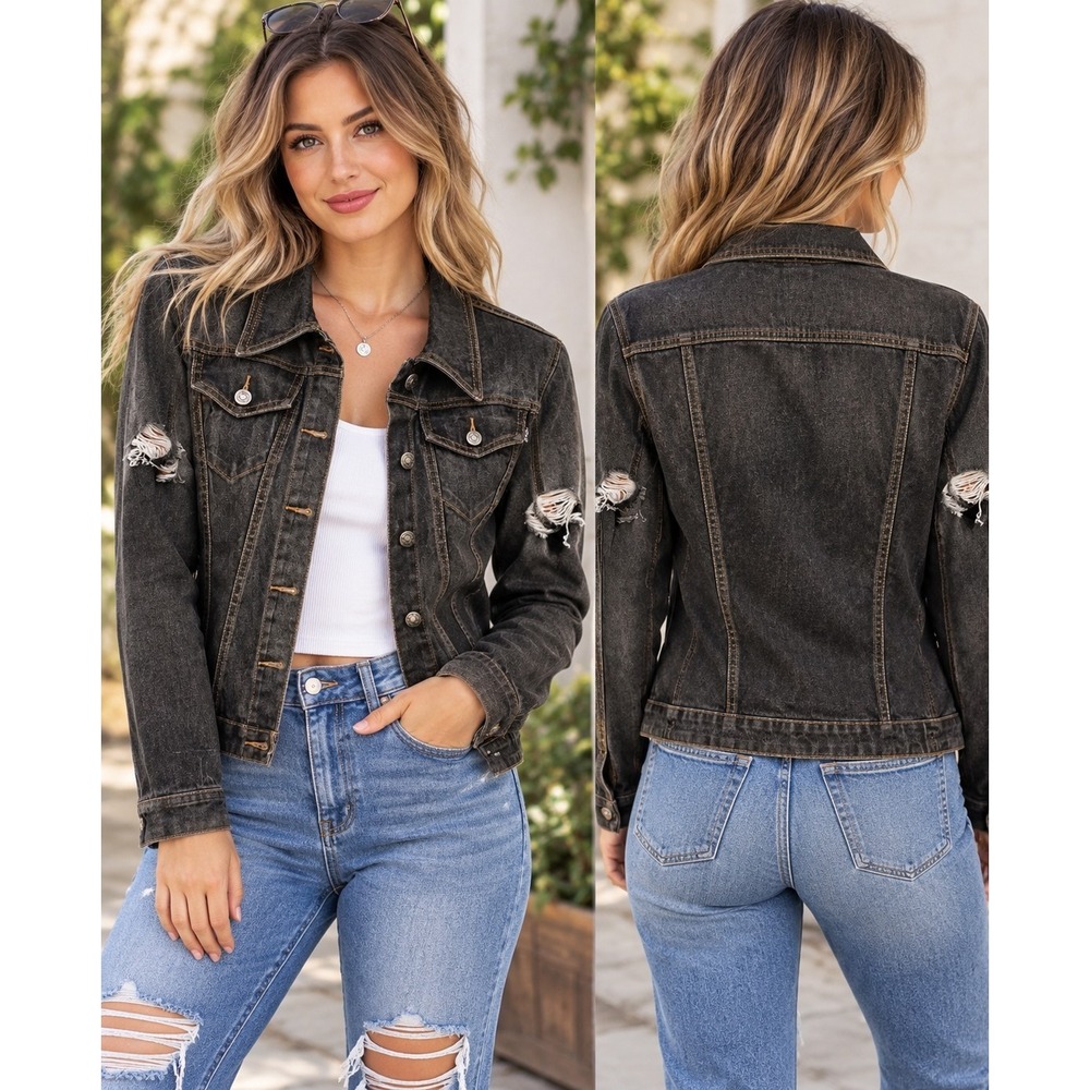 XOXO Jeans Women's L Distressed Black Denim Jacket Y2K Grunge Moto Goth